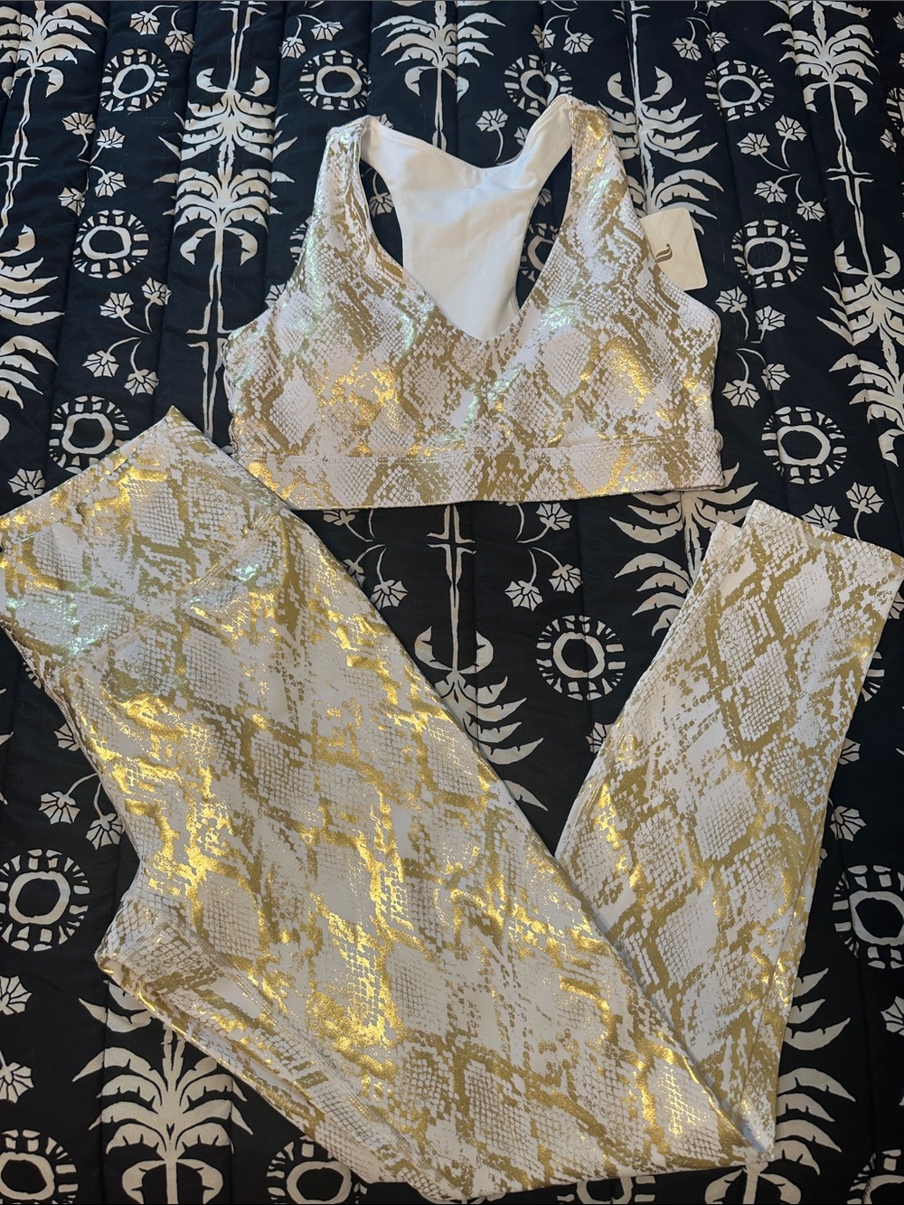 Fabletics Gold Foil Snake Print Track Pants & Sports Bra Set - White/Gold